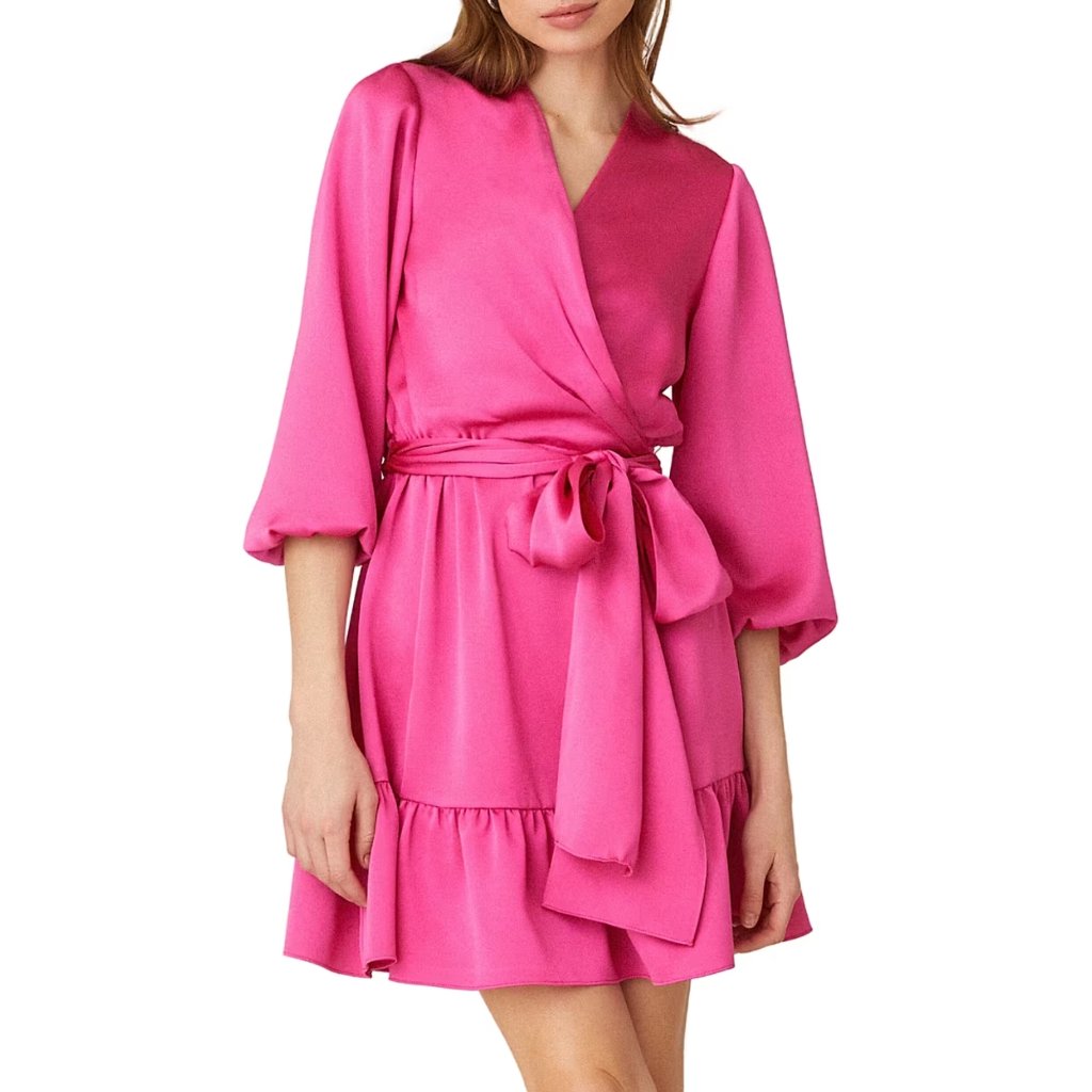 Nwt Shoshanna Satin Tie-Waist Wrap Minidress Fuchsia Pink Size 4 Msrp $440
